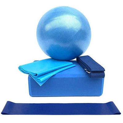 Five-piece fitness set with blue yoga brick, stretch belt, resistance band, and 25cm slimming yoga ball