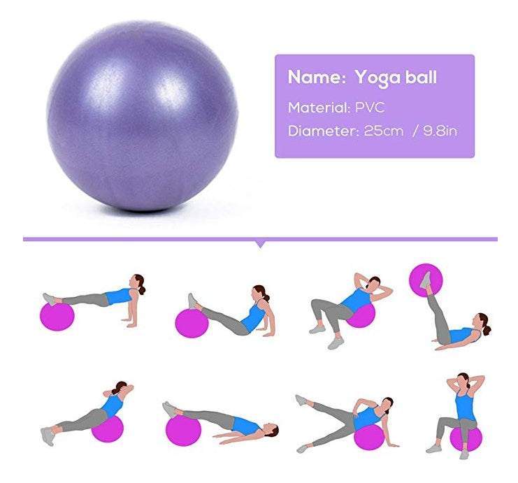 Purple 25cm PVC yoga ball with five-piece fitness exercise demonstration illustrations