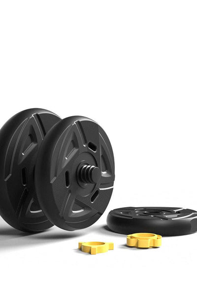 Adjustable black dumbbell set with weight plates and yellow collars for home fitness use