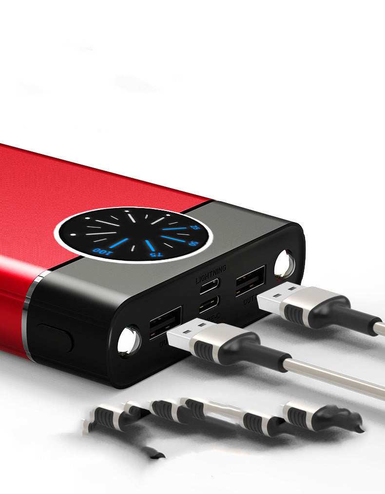 Red fast charging mobile power supply with digital display and multiple USB ports.