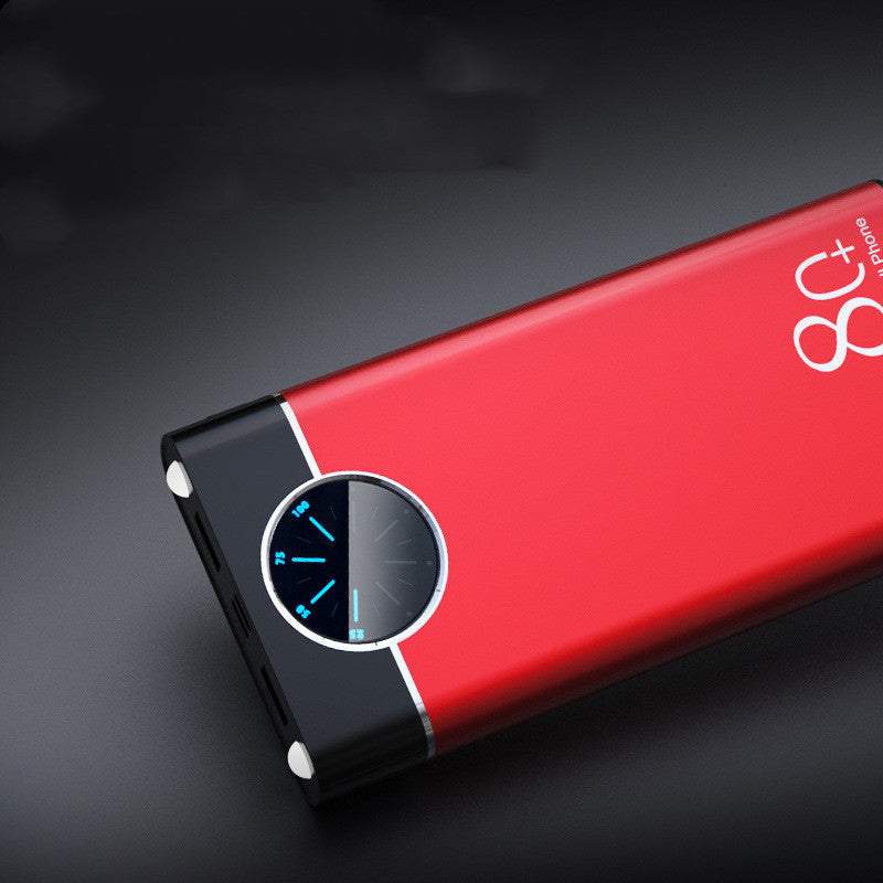 Red fast charging mobile power supply with digital display and sleek design