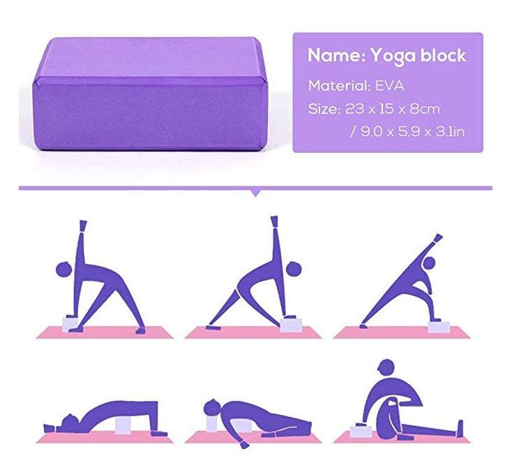 Purple EVA yoga block with size details and illustrations of yoga poses demonstrating five-piece fitness use