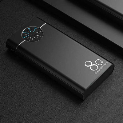 Black fast charging mobile power supply power bank with digital display on black background