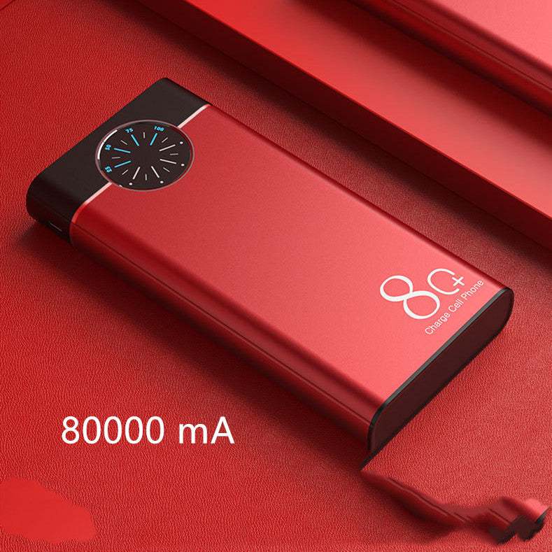 Red fast charging mobile power supply power bank with 80000mA capacity and brand logo on red background