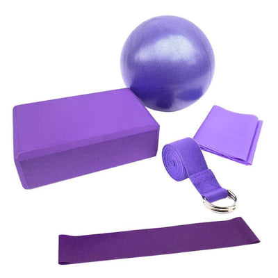 purple five-piece fitness set with yoga block, slimming ball, resistance band, stretch belt, and strap