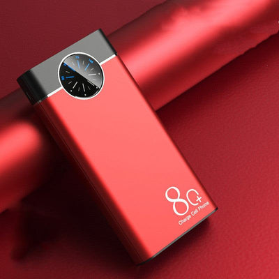 Red fast charging mobile power supply with circular digital display on a red background