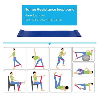 Five-piece fitness set including latex resistance loop band with exercise demonstration illustrations