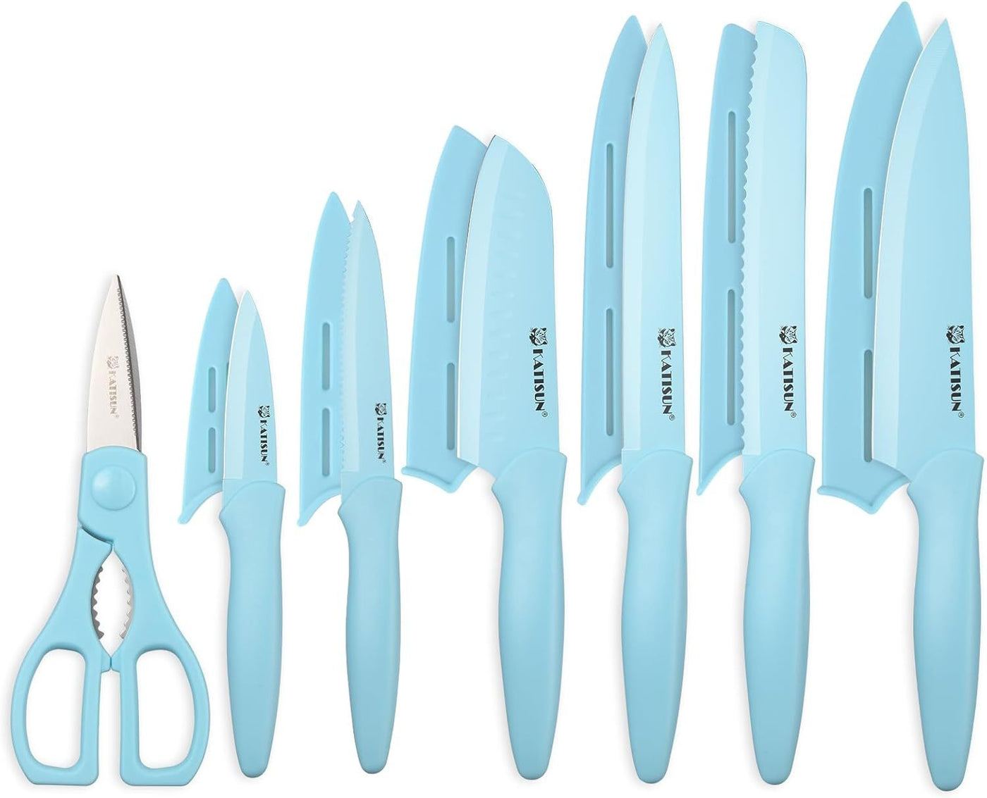 13 Piece Blue Non-Stick Stainless Steel Boxed Knives Set.