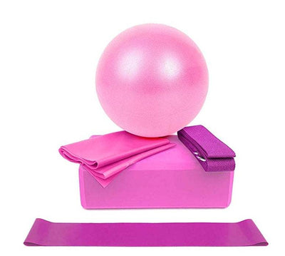 Five-piece fitness yoga set with pink exercise ball, yoga block, stretch belt, and resistance bands