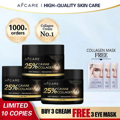Caviar Wrinkle Remover face cream with 25% collagen and free collagen eye masks, anti-aging and moisturizing Korean skincare set.