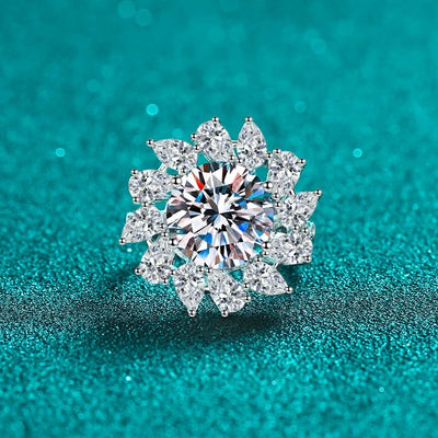 925 Silver 5 Carat Brilliant Cut D Color Blossom Ring.