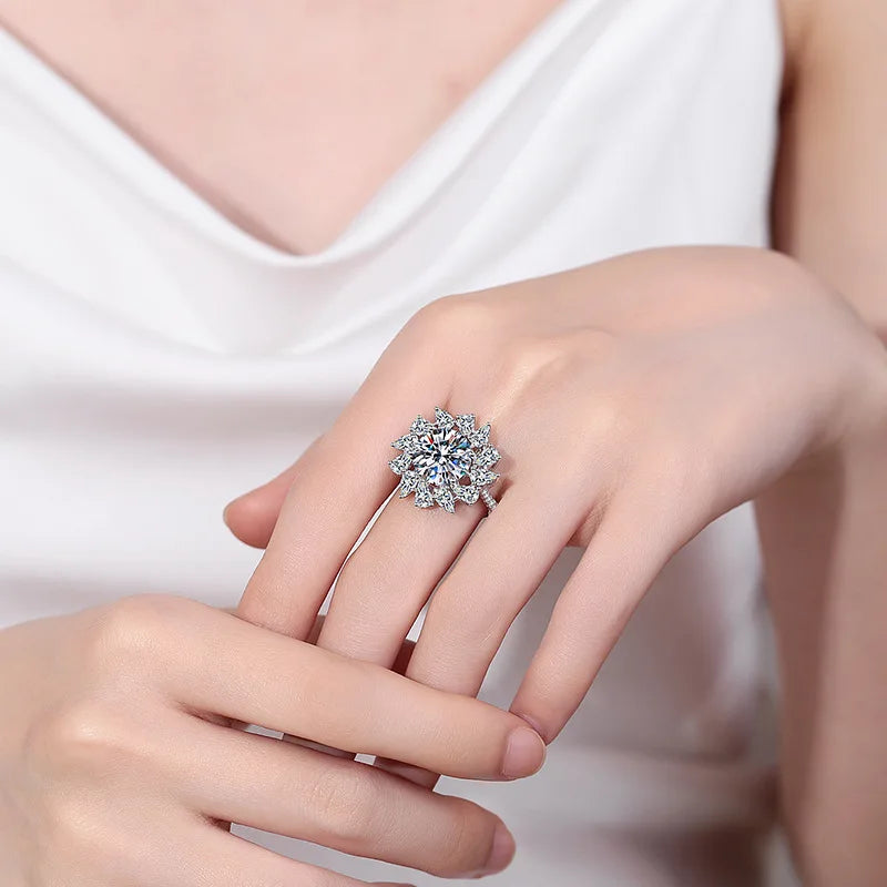 925 Silver 5 Carat Brilliant Cut D Color Blossom Ring.