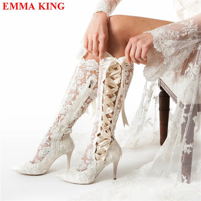 Heels Long Bridal Pointed Wedding Boots.