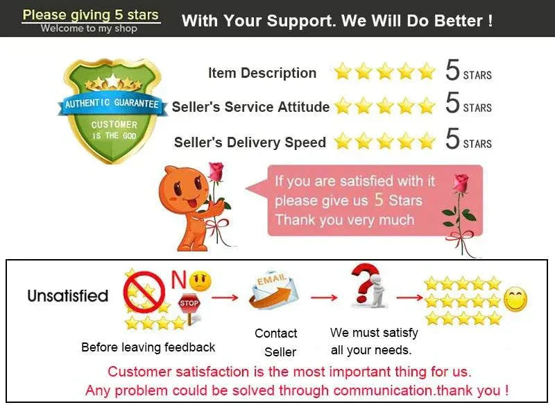 Customer satisfaction guarantee with 5-star ratings and communication instructions for rechargeable hip trainer slimming massager product