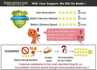 Customer satisfaction guarantee with 5-star ratings and communication instructions for rechargeable hip trainer slimming massager product