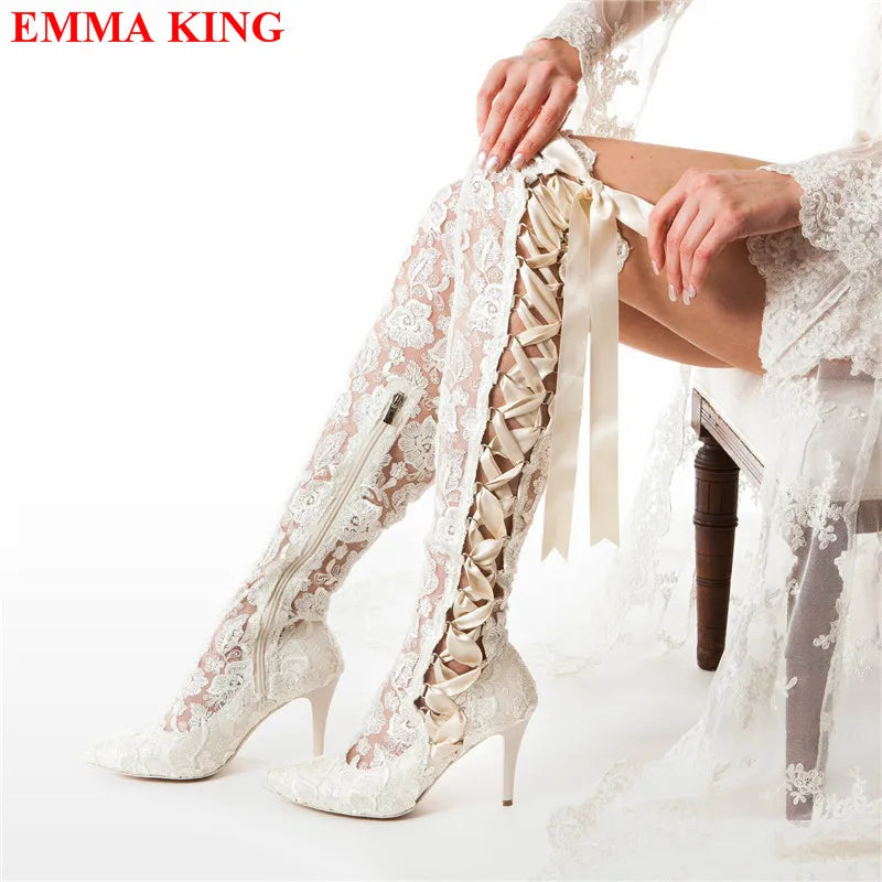 Heels Long Bridal Pointed Wedding Boots.