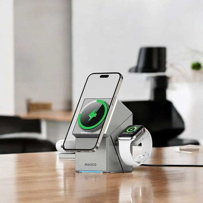 compact multi-device charger with auto-rotating phone stand and pop-up dock for AirPods and smartwatch charging