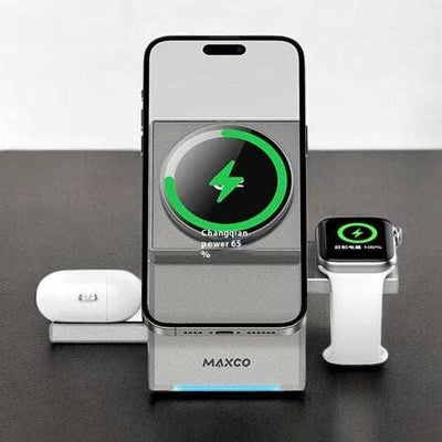 Platinum Volt multi-device charger with auto-rotating phone dock, charging AirPods and smartwatch simultaneously