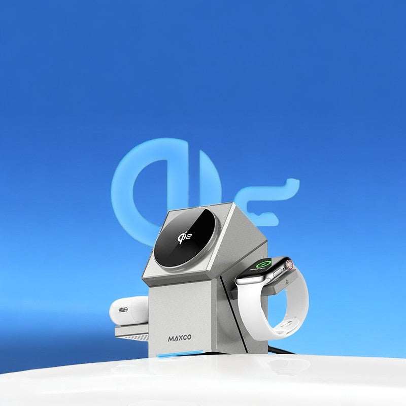 compact multi-device charger with auto-rotating phone dock and wireless charging for AirPods and smartwatch