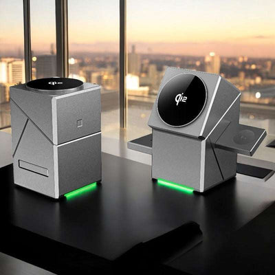 Platinum Volt multi-device charger with auto-rotating phone dock and pop-up charging for AirPods and smartwatches on a desk by the window