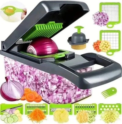 14/16 in 1 multifunctional vegetable chopper with various cutting blades and slicer attachments on white background