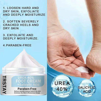 Foot cream with 40% urea and salicylic acid for exfoliating and moisturizing rough, thick, cracked, and dry skin, paraben-free formula