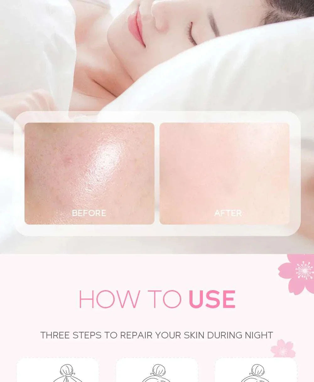 Sakura Moisturizing Sleeping Masks travel night cream showing before and after skin hydration results with a sleeping woman background