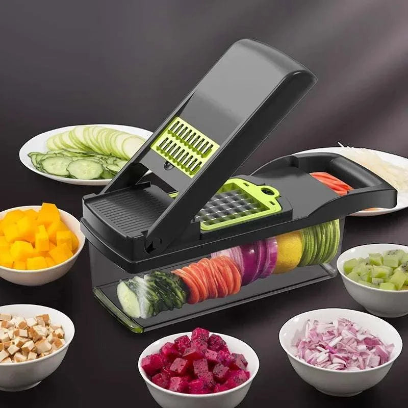 14/16 in 1 multifunctional vegetable chopper with various slicing options and assorted cut vegetables in bowls