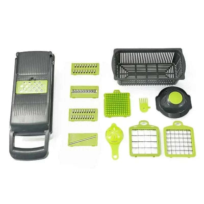 14/16 in 1 multifunctional vegetable chopper and slicer set with various cutting blades and accessories on white background