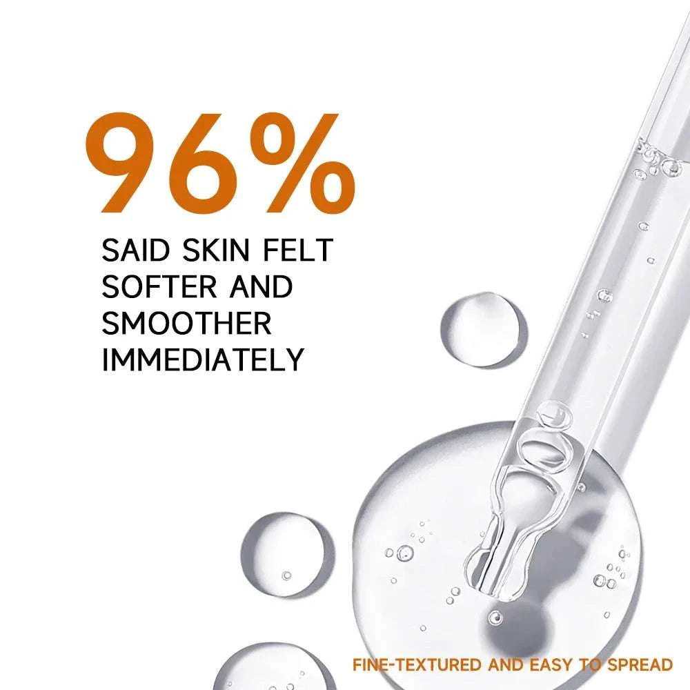 Vitamin C Facial Serum with dropper and clear liquid droplets highlighting smooth skin benefits