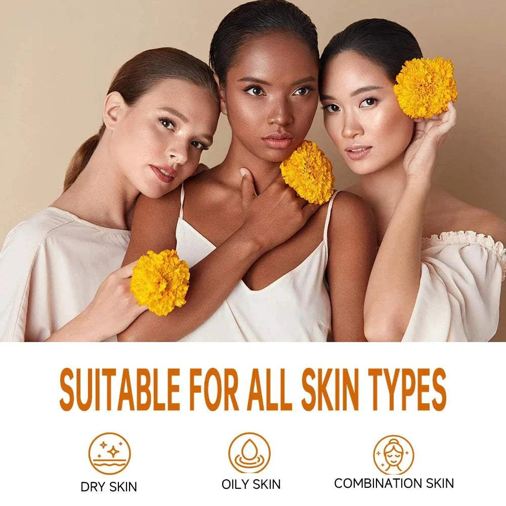 Three women with diverse skin tones holding yellow flowers, promoting Vitamin C Facial Serum suitable for dry, oily, and combination skin types