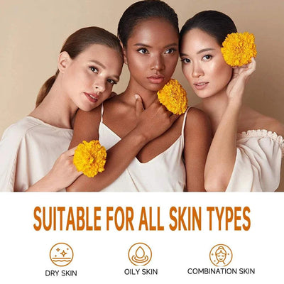 Three women with diverse skin tones holding yellow flowers, promoting Vitamin C Facial Serum suitable for dry, oily, and combination skin types