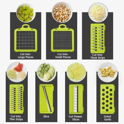 14/16 in 1 multifunctional vegetable chopper showing various cutting options including large pieces, small pieces, thick strips, thin strips, slices, flower slices, and garlic grinding blades on a white background