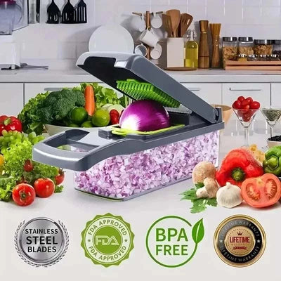 14/16 in 1 multifunctional vegetable chopper with stainless steel blades, BPA-free container, chopping onions on white kitchen background