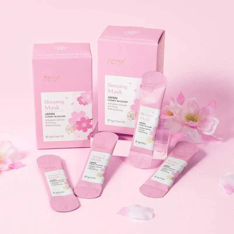 Sakura Moisturizing Sleeping Masks travel night cream in pink packaging with cherry blossom design and individual sachets for facial hydration and nourishment