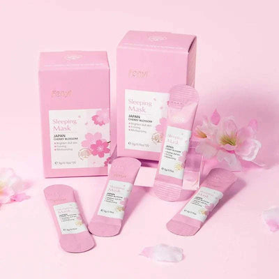 Sakura Moisturizing Sleeping Masks travel night cream in pink packaging with cherry blossom design and individual sachets for facial hydration and nourishment