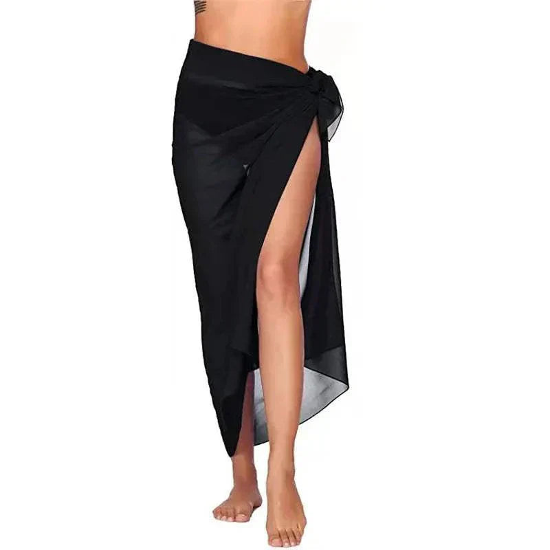 Black chiffon beach skirt for women with side slit and tie detail
