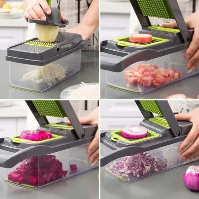 14/16 in 1 multifunctional vegetable chopper slicing various vegetables on white background