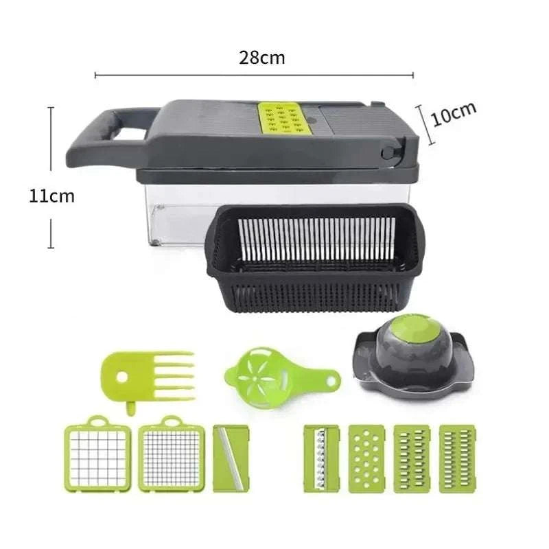 14/16 in 1 multifunctional vegetable chopper with multiple cutting blades and accessories on white background