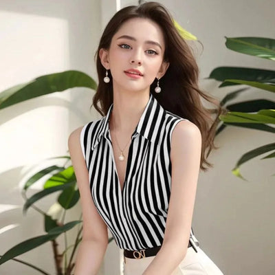 British Polo Collar Sleeveless Chiffon Blouse.