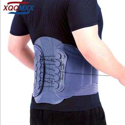 Man wearing adjustable back brace lumbar for support and posture correction