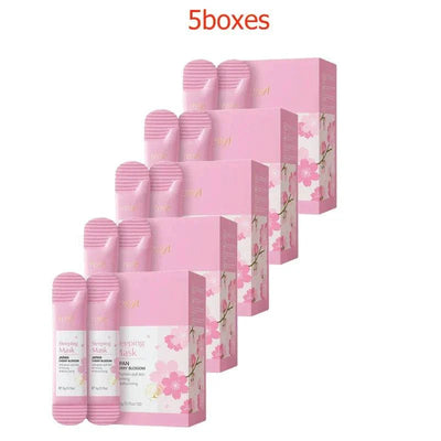 Five boxes of Sakura Moisturizing Sleeping Masks travel night cream with pink floral packaging