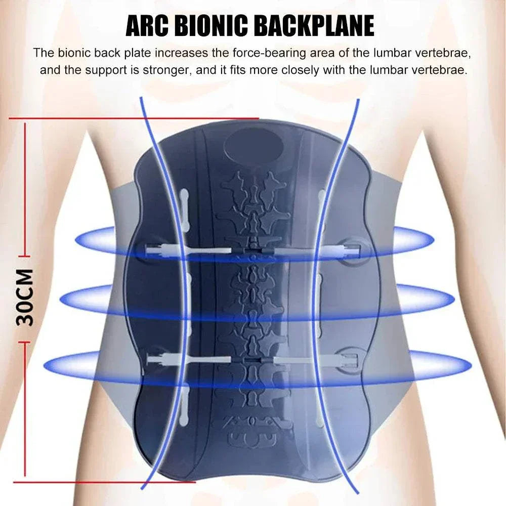 Adjustable back brace lumbar support with bionic back plate for enhanced lumbar vertebrae fit and force distribution, 30cm height