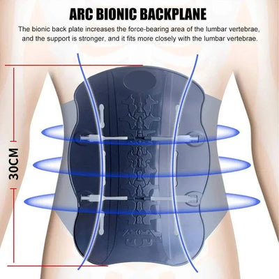 Adjustable back brace lumbar support with bionic back plate for enhanced lumbar vertebrae fit and force distribution, 30cm height
