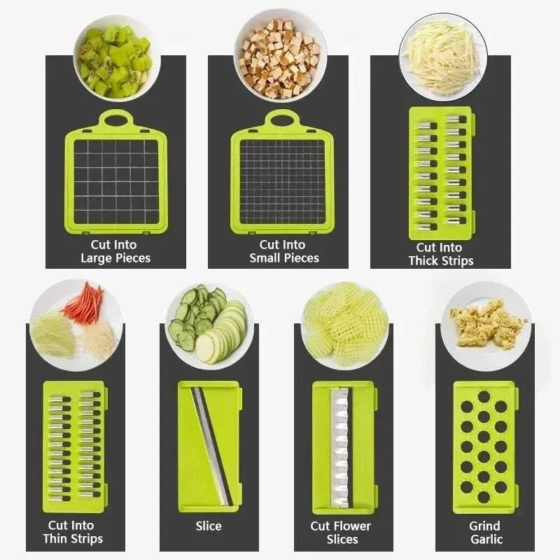 14/16 in 1 multifunctional vegetable chopper with various cutting blades for slicing, dicing, shredding, and grinding on a white background