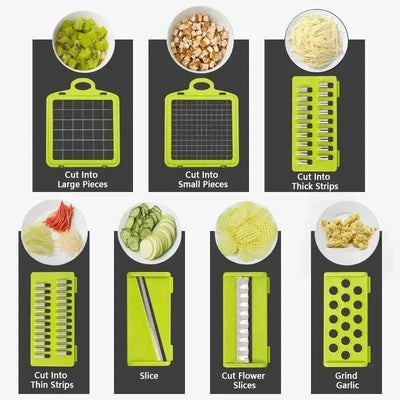 14/16 in 1 multifunctional vegetable chopper with various cutting blades for slicing, dicing, shredding, and grinding on a white background