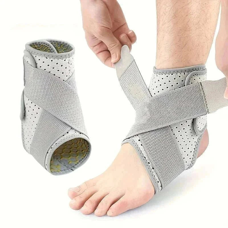 Grey ankle brace being worn and adjusted on foot for sprained ankle support