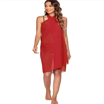 Woman wearing red chiffon sexy beach skirt women cover-up beach wear