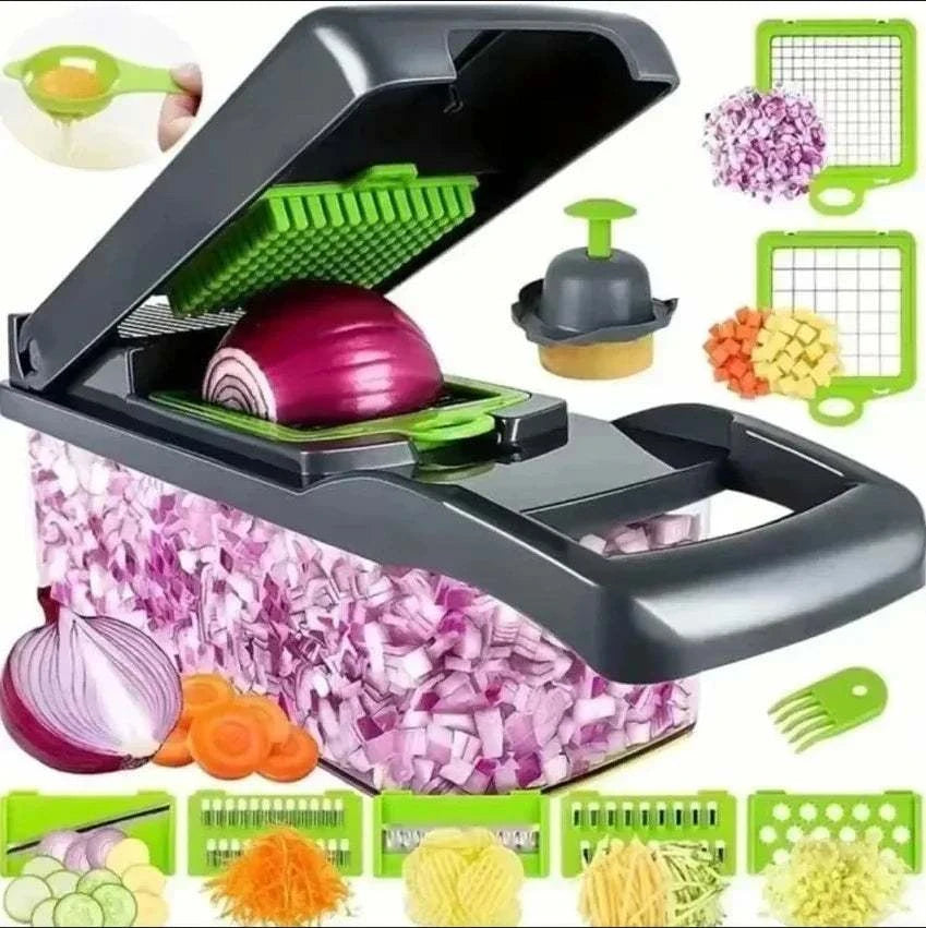 14/16 in 1 multifunctional vegetable chopper with various cutting blades and a container on white background