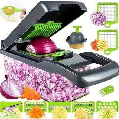 14/16 in 1 multifunctional vegetable chopper with various cutting blades and a container on white background